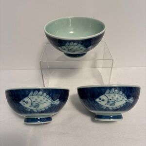 Japanese Asian Rice/ Soup Bowls Fish Motif Blue Set of 3